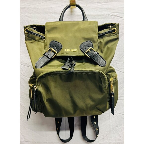 Steve Madden Olive Green Black Nylon Backpack Adjustable Straps Pockets Zip Snap - Picture 1 of 3
